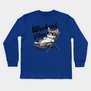 One design features a cool and comfortable kitten wearing sunglasses, casually lounging on a beach chair. (2) Kids Long Sleeve T-Shirt